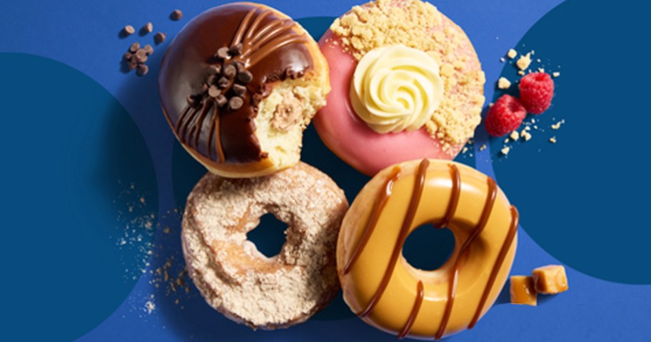 4 Krispy Kreme doughnuts on a blue background