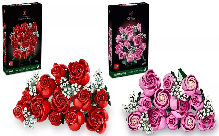 red and pink lego rose bouquets with their boxes