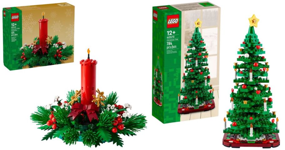 2 LEGO sets: candles, greenery, Christmas tree and corresponding box