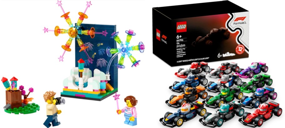 lego fireworks and F1 cars sets