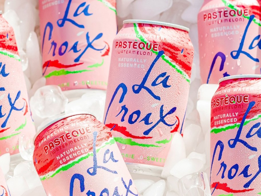 pink cans of LaCroix on ice