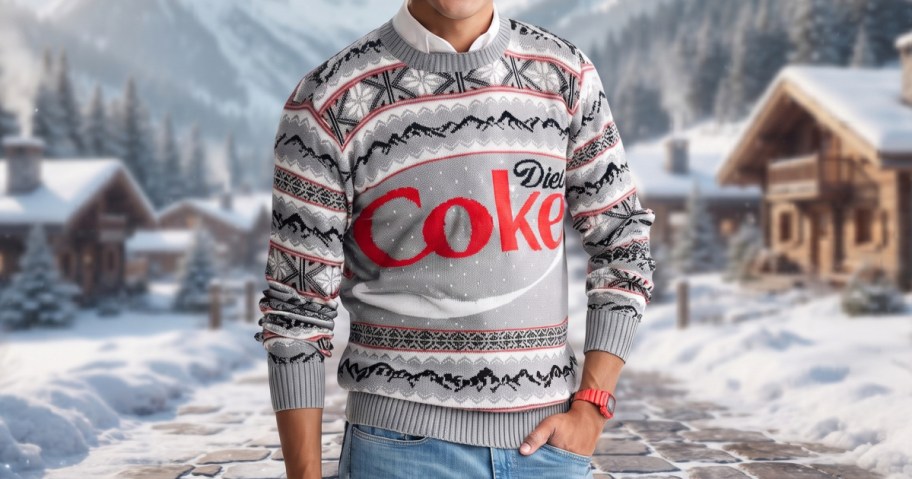 A person wearing a grey and white Diet Coke holiday sweater with a mountain and snowflake pattern against a snowy mountain village backdrop.