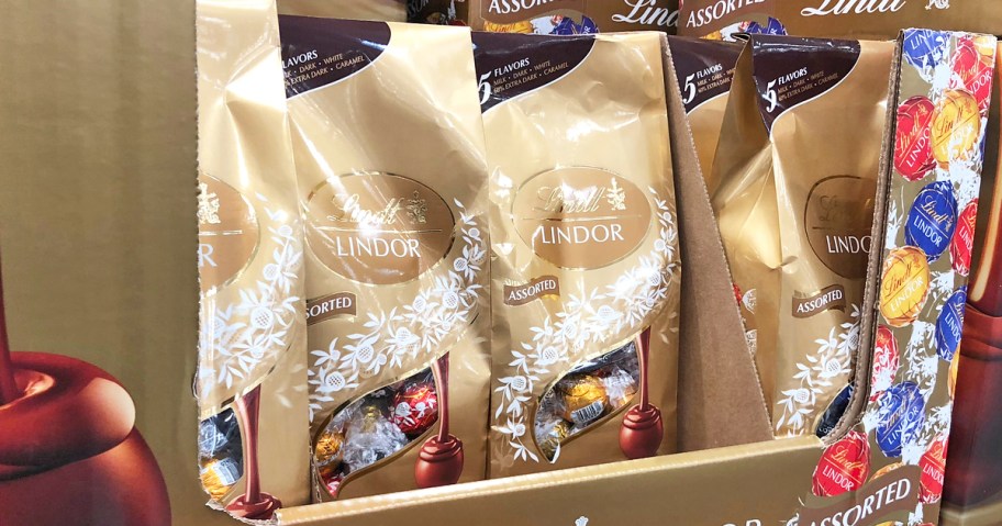 bags of Lindt Chocolate Truffles on store display