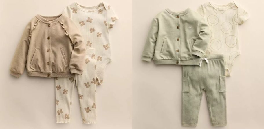 Stock images of two 3-piece Little Co Baby bomber jackets sets