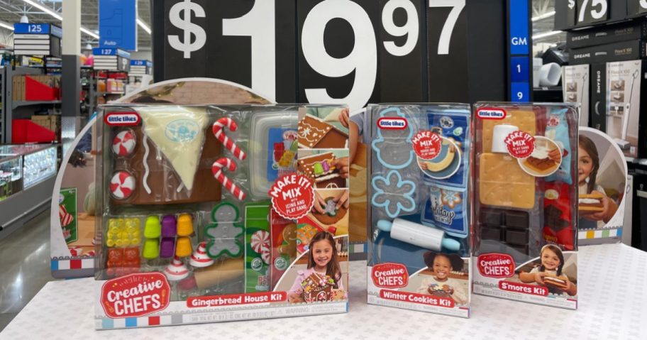 Three Little Tikes Creative Chefs holiday playset boxes.