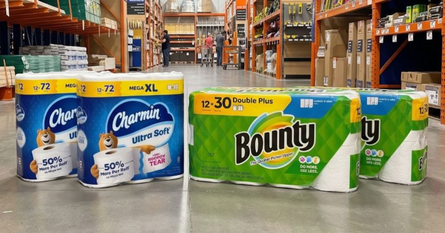 two packs of charmin toilet papper and two packs of bounty paper towels at Lowe's