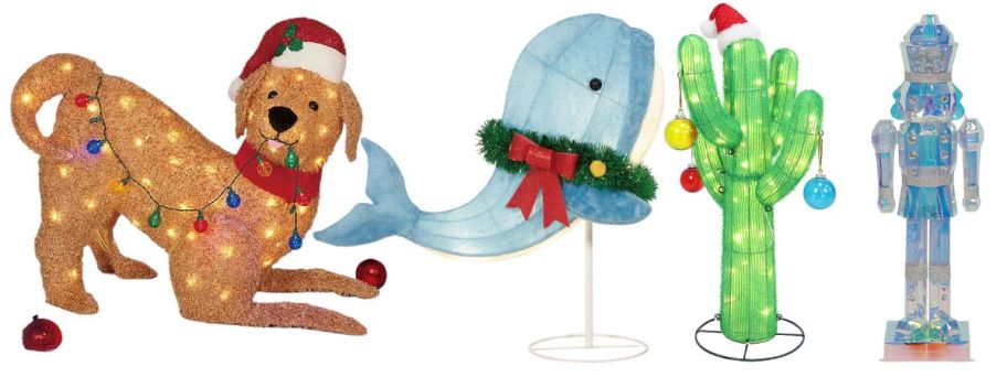 Christmas decorations: a dog in a santa hat, a whale, a cactus, and a nutcracker