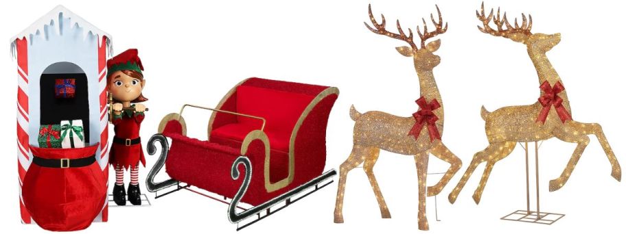 Christmas decor: an elf, a sleigh, and 2 tiny reindeer 
