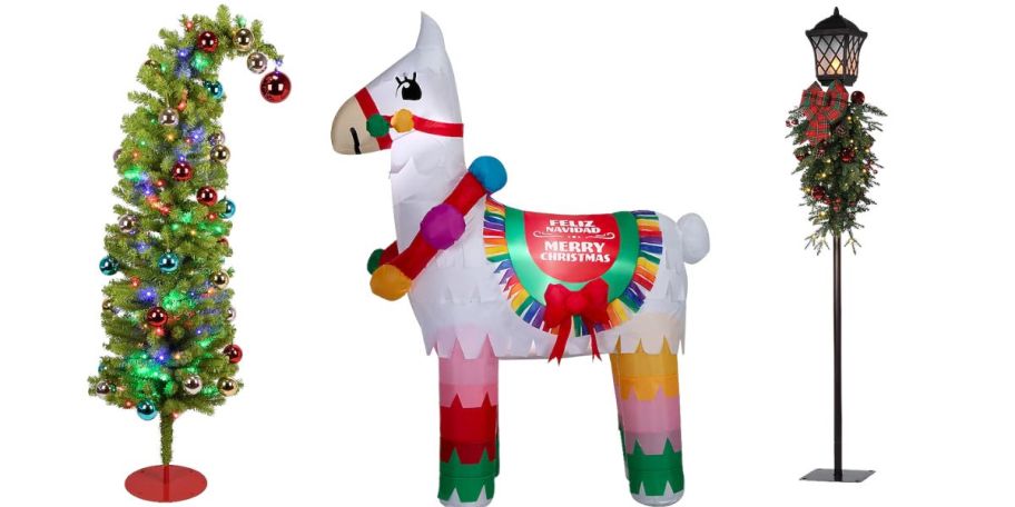 Christmas decor: Grinch tree, Llama, and a lamp post