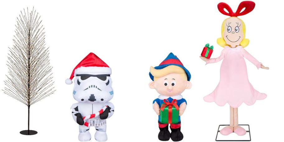 Christmas decor: A tree, Storm Trooper, elf, and Cindy Lou