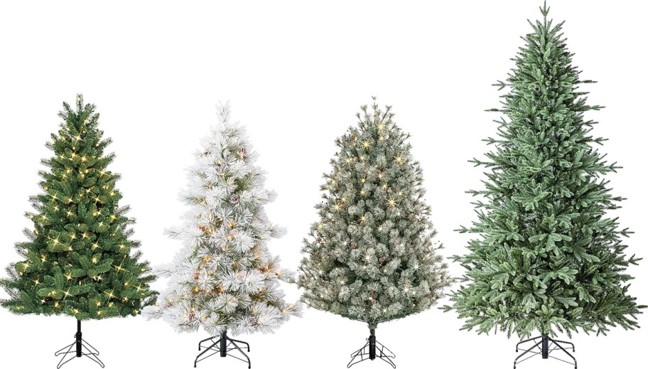 4 artificial christmas trees in a row