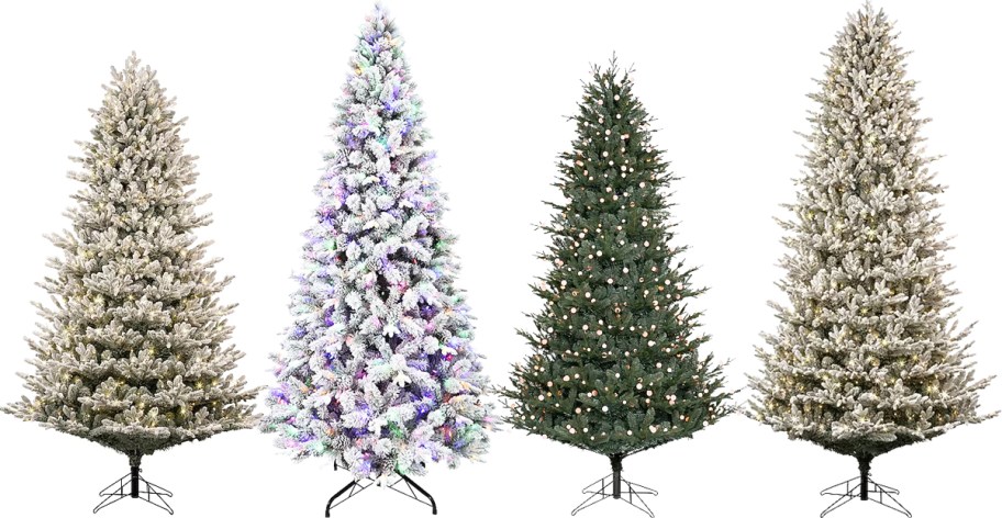 4 artificial christmas trees in a row