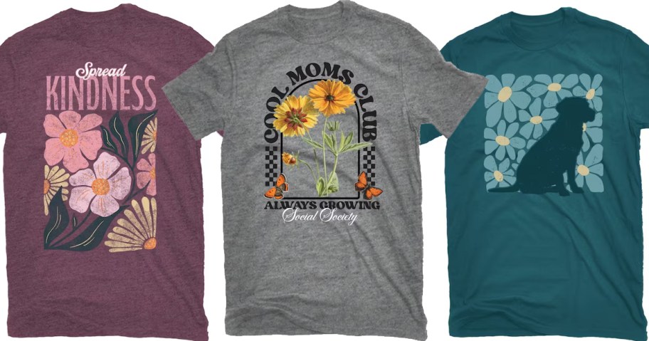 three floral print graphic tees