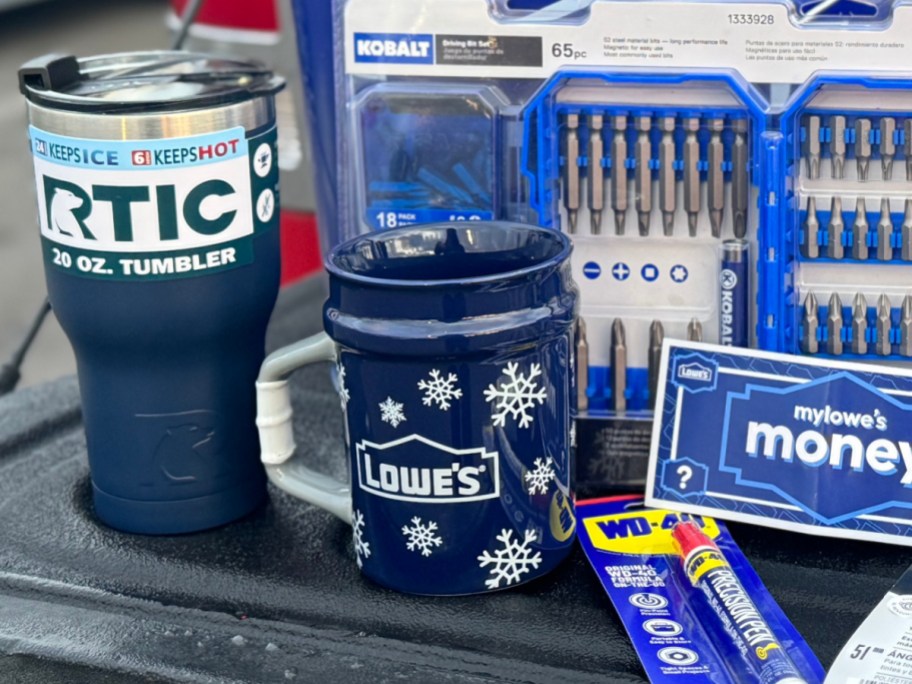 Lowe's products including a holiday bucket mug at the store.