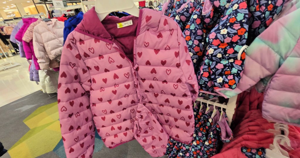 Toddler, girls, pink puffer jacket with heart design