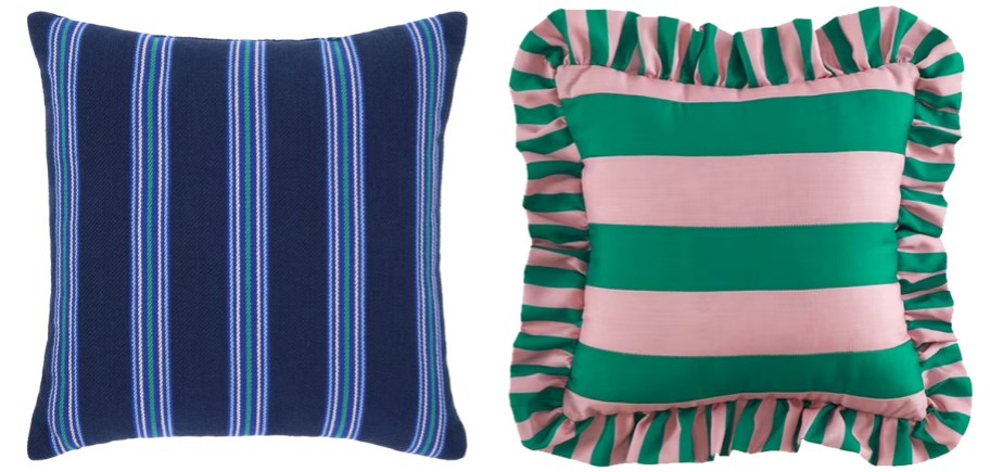 blue and pink/green striped throw pillows