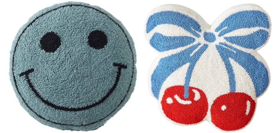 smiley face and cherry shaped throw pillows