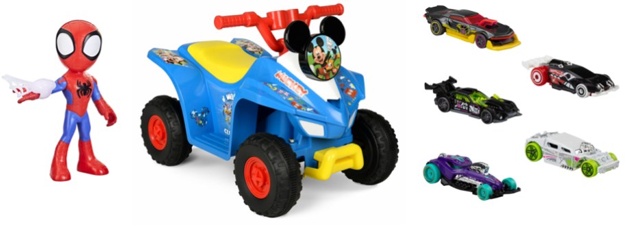 Marvel Spidey and His Amazing Friends Supersized Spidey Action Figure, Disney Mickey & Friends 6V ATV Powered Ride-On, Hot Wheels Cars 5-Pack
