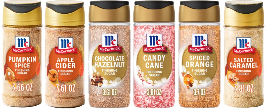 6 bottles of McCormick Finishing Sugars in a row