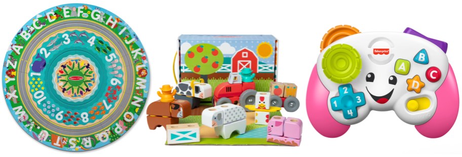 Melissa & Doug 48-Piece Floor Puzzle & Wind-Up Vehicles, Melissa & Doug Blockables Farm Snap & Play Building Blocks, Fisher-Price Laugh & Learn Game & Learn Controller Musical Baby Toy