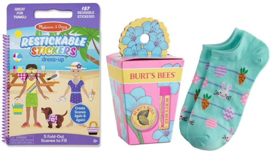 Melissa & Doug Sticker Book, Burt's Bees gift set, and easter socks