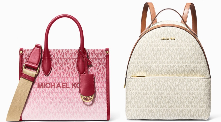 red ombre tote and white backpack