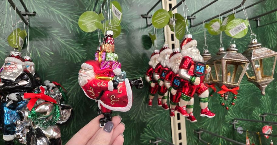 Glass Santa ornaments in a store