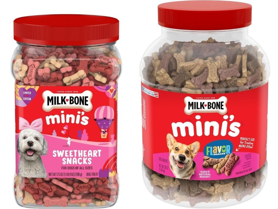 Stock images of two tubs of Milk Bone Mini Dog Treats
