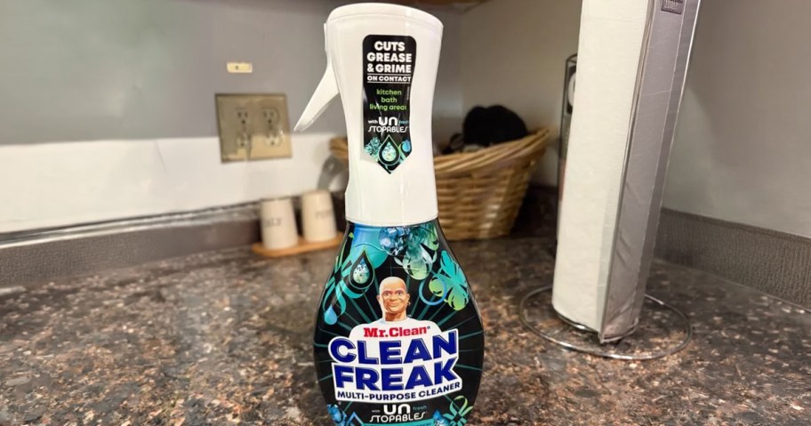 Mr Clean Clean Freak Cleaner bottle sitting on a counter