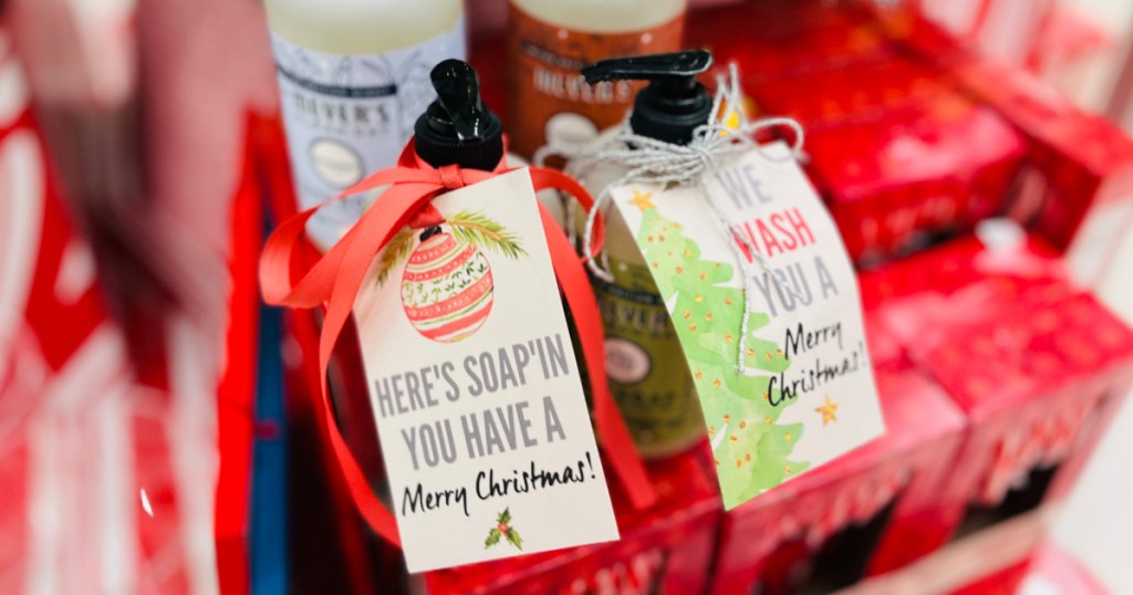 Printable, hostess gift tags attached to Mrs. Myers soap bottles