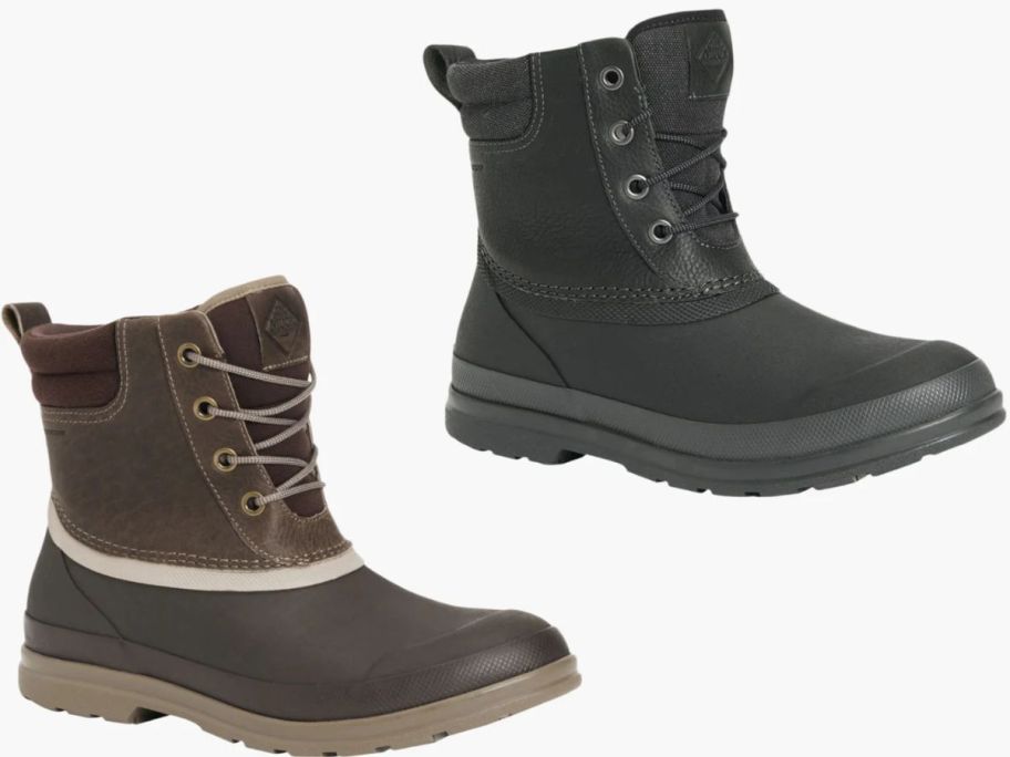 Stock images of two men's The Original Muck Boot Company Duck Booys in brown and black