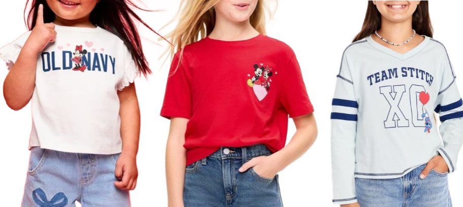Stock images of 3 girls wearing Old Navy Disney Tees