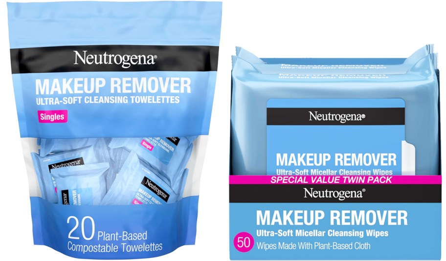 two blue packs of Neutrogena Makeup Remover Wipes