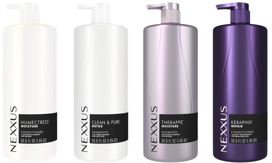 4 white & purple bottles of Nexxus Shampoos & Conditioners