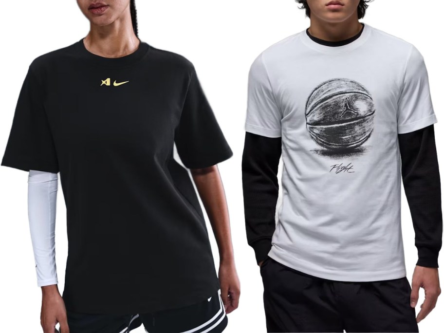 Stock images of a woman and a man wearing Nike t-shirts