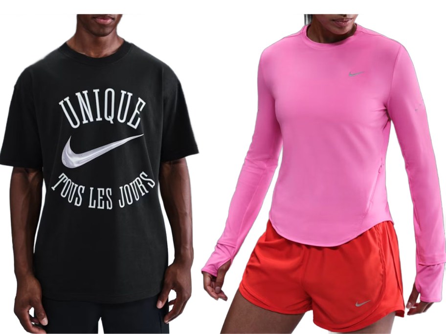 Stock images of a man and a woman wearing Nike tops