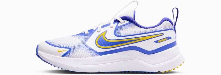 white, blue, and yellow nike running shoe
