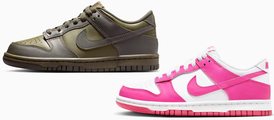 green and pink pairs of nike sneakers