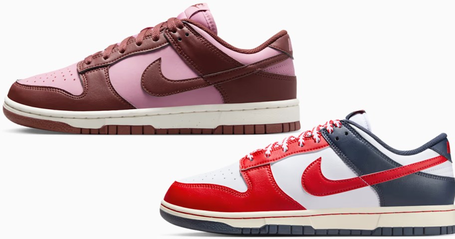 pink/maroon and red/white/blue nike sneakers