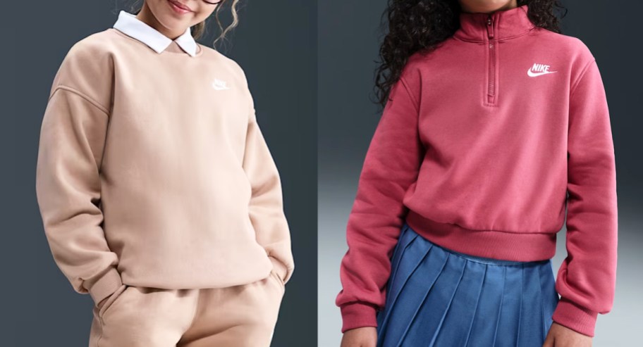 two kids in tan and red nike sweatshirts