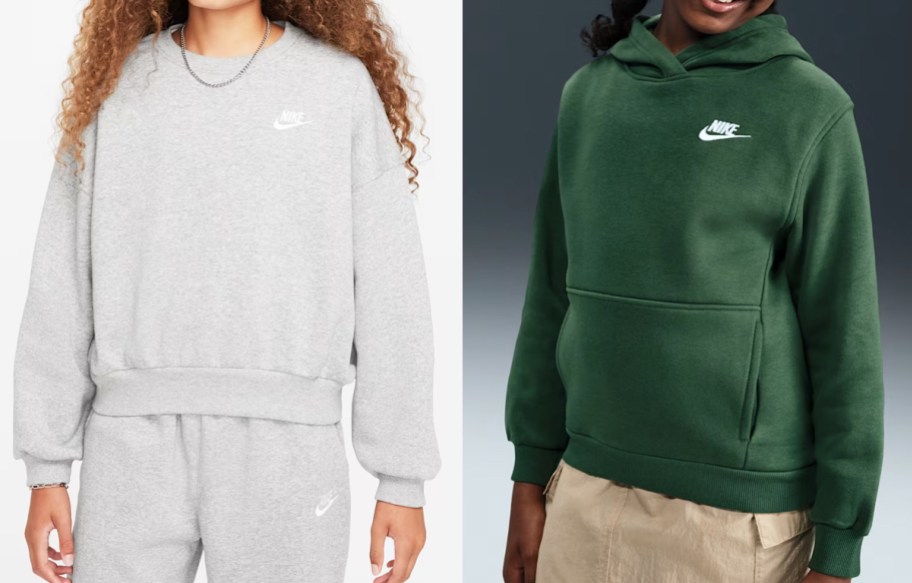 two kids in light grey and green nike sweatshirts
