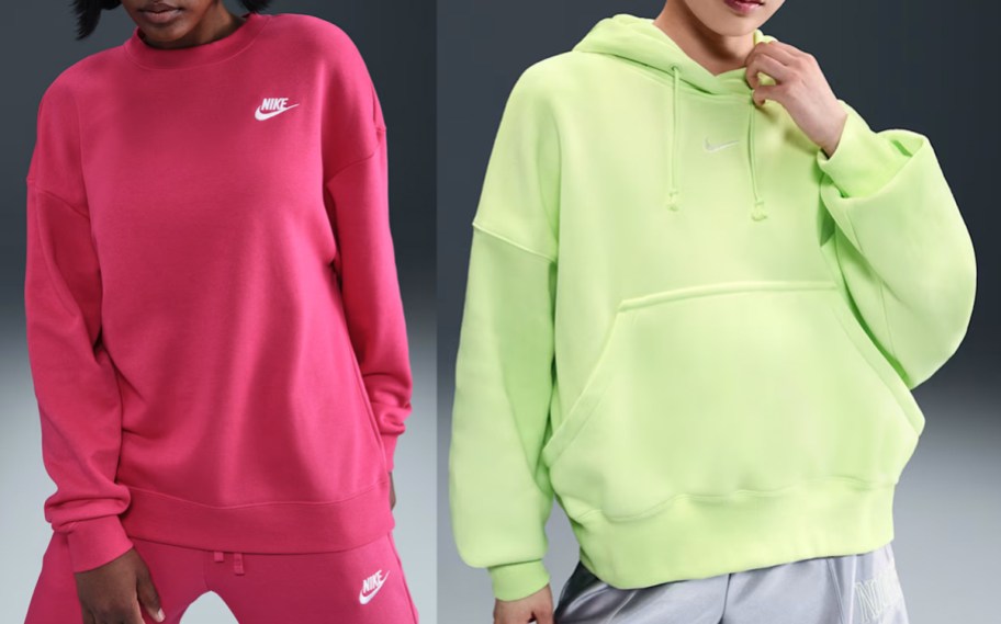 two women in pink and neon green nike sweatshirts