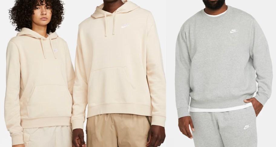 people modeling cream and grey nike sweatshirts