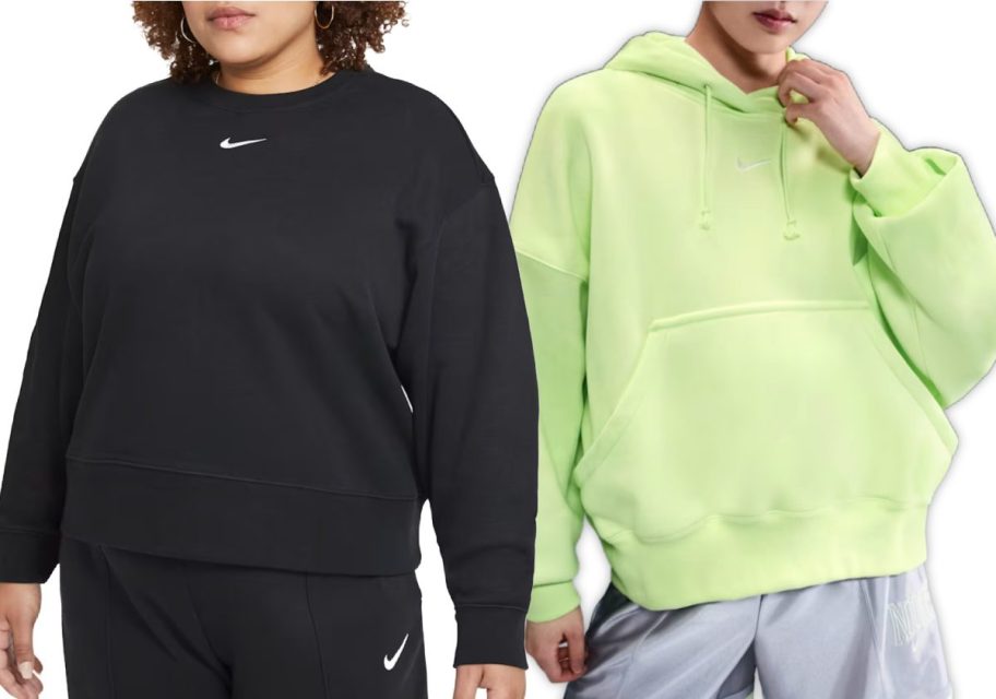 Two women wearing Nike sweatshirts