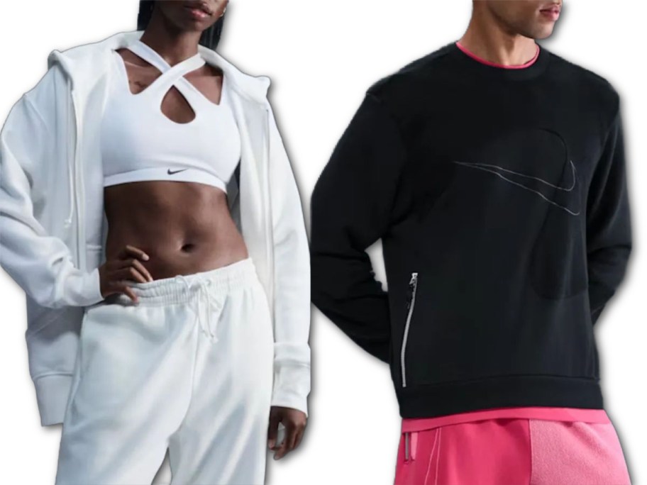 Stock images of a woman and a man wearing Nike sweatshirts