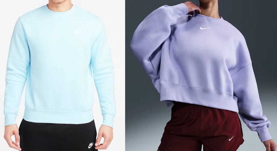 man and woman in blue and purple crewneck sweatshirts