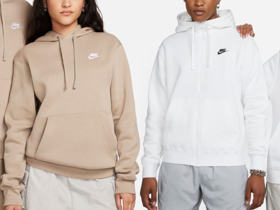 two different nike sweaters in beige and white