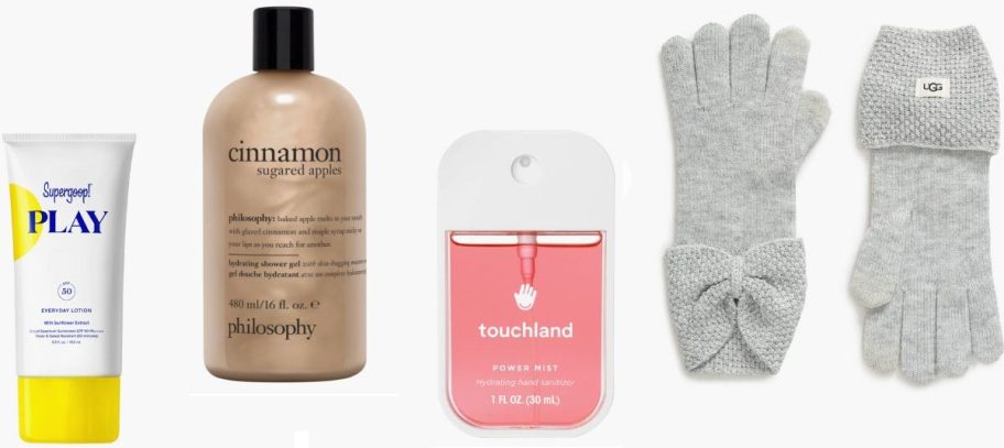 Stock image of Supergoop!, Philosophy Shower Gel. Touchland & UGG Gloves
