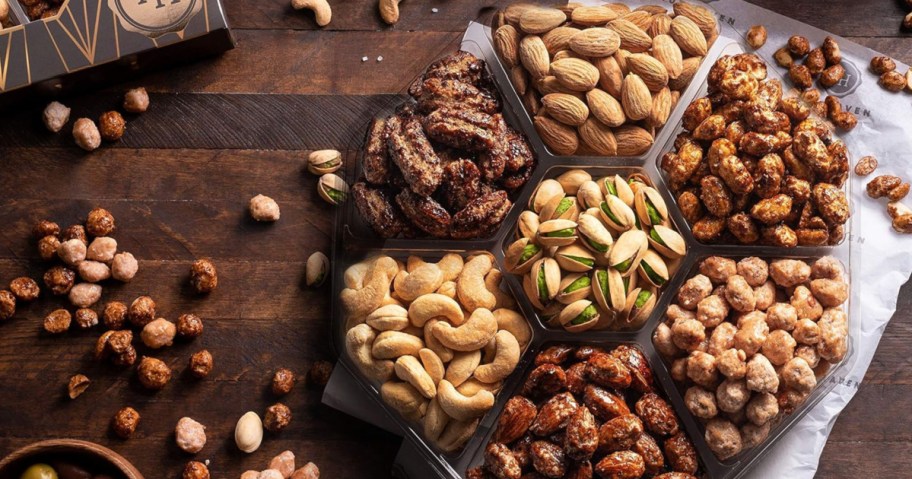 Gourmet nuts displayed in boutique, styled container