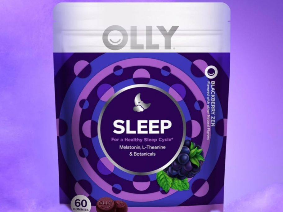 OLLY Sleep Gummy 3mg Melatonin Gummies 60-Count with a purple background